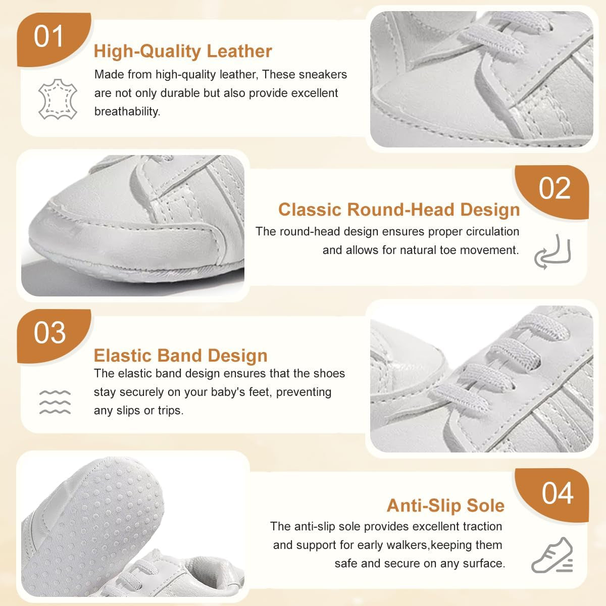 Infant Baby Boys Girls Sneaker Leather Soft Sole Anti-Slip Newborn Toddler White Casual Shoes First Walker Crib Shoes