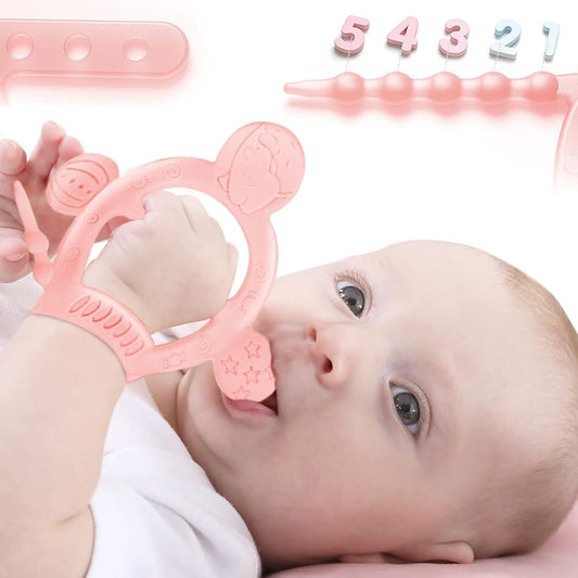 【Never Drop from Hand】 HEORSHE Baby Teething Toys for 1 Year Old Baby Girl Teethers for Infants Toddlers Silicone Molars Adjustable Chew Toys for Babies 3 4 5 6 7 8 9 10 11 12 Months (Pink)
