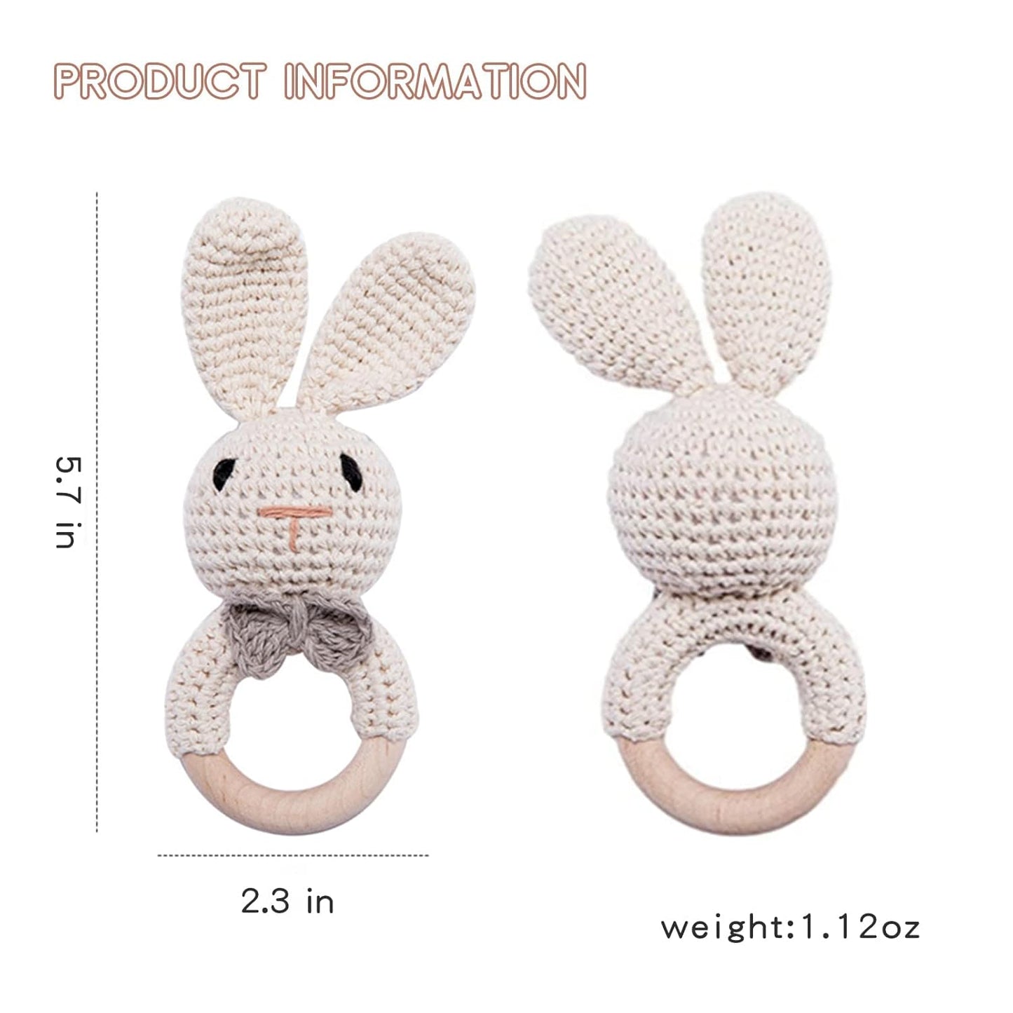 Wooden Baby Rattle Toys, Easter Bunny Rattle for Baby Crochet Bunny Rattle Toy Natural Wood, Shaker Rattle for Hand Grips, Boy Girl First Rattle Gift, Newborn Gifts (Bunny)