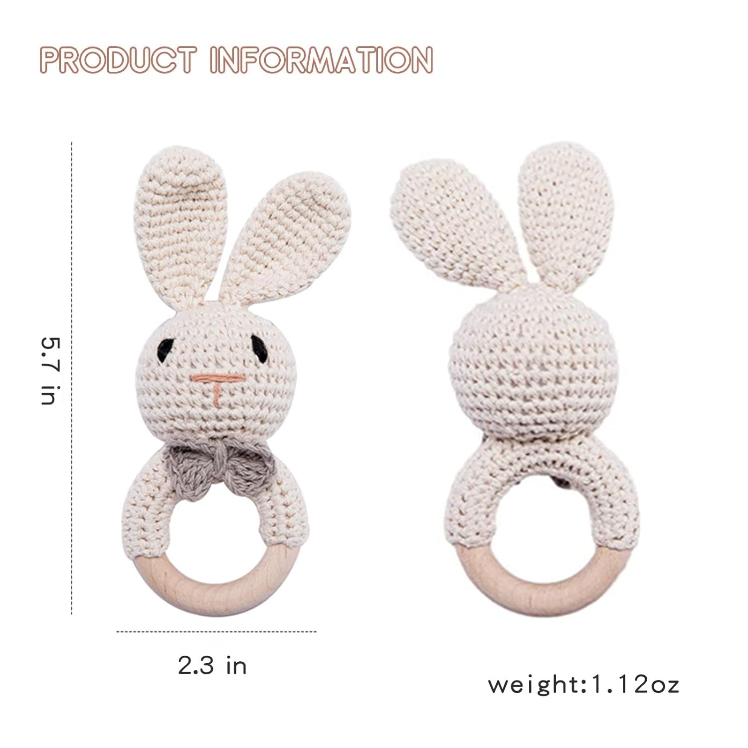 Wooden Baby Rattle Toys, Easter Bunny Rattle for Baby Crochet Bunny Rattle Toy Natural Wood, Shaker Rattle for Hand Grips, Boy Girl First Rattle Gift, Newborn Gifts (Bunny)