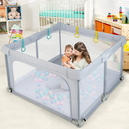 Baby Playpen Foldable, 50X50 Large Baby Playard for Toddlers with Gate, Soft Visible Mesh, Indoor Outdoor Kids Activity Center Baby Fence with 4 Handlers 50 Ocean Balls (Gray)