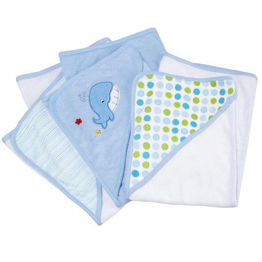 Baby Hooded Towel Set for Newborn Boys and Girls, Soft Terry Bath Set, Pack of 3, Blue Whale