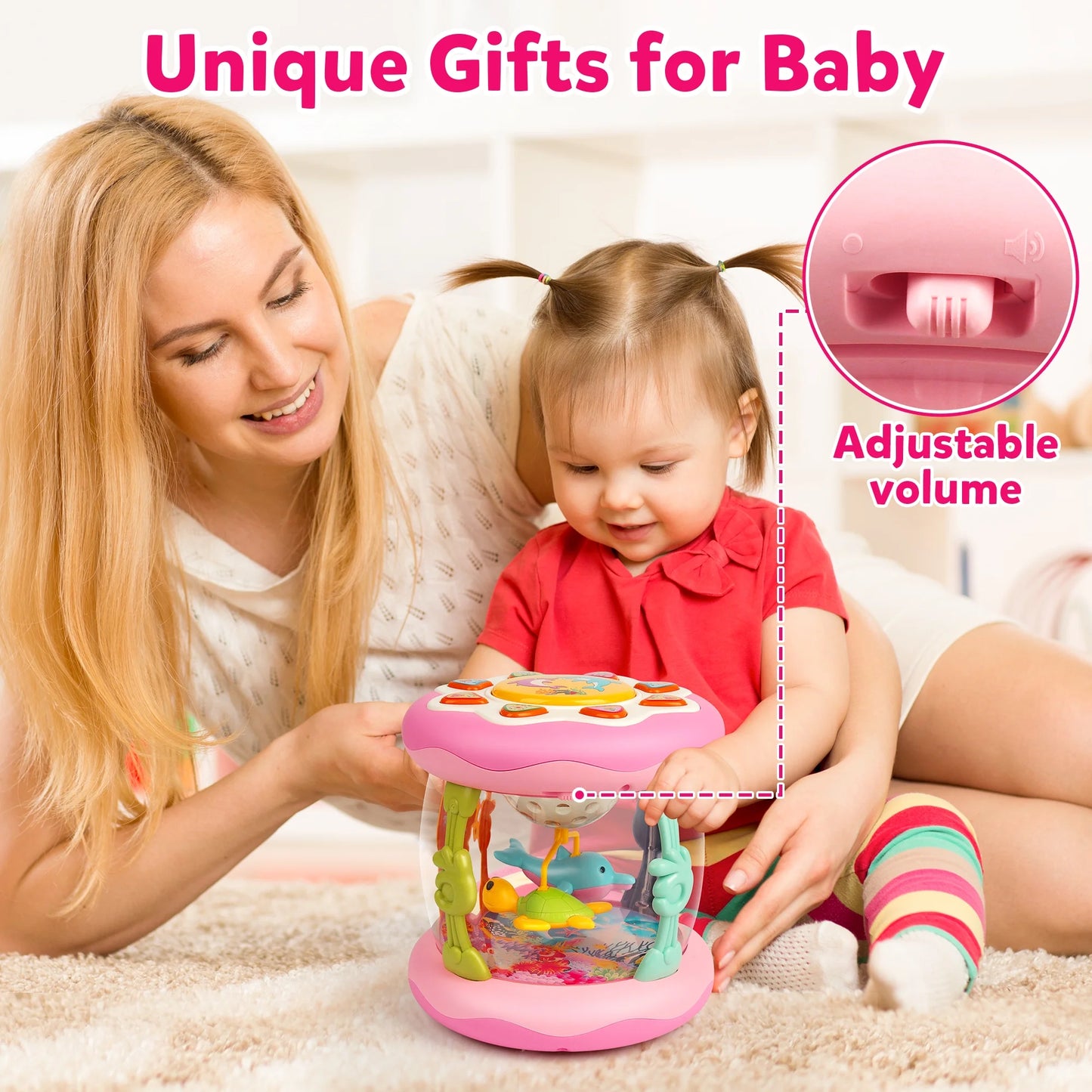 Baby Girl Toys 6-12 Months- Pink Musical Light up Ocean Rotating Tummy Time Infant Learning Crawling Pink Toys Babies Boys 1 2 3 Year Old for Birthday Baby Gifts