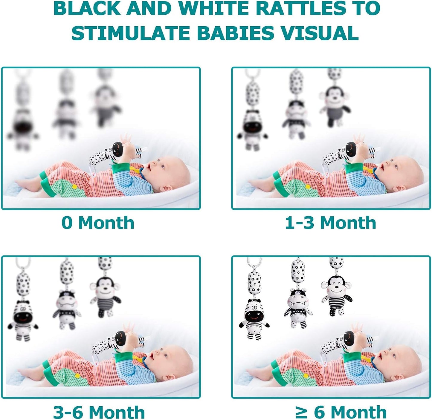 Baby Toy Cartoon Animal Stuffed Hanging Rattle Toys, Baby Bed Crib Car Seat Travel Stroller Soft Plush Toys with Wind Chimes, Best Birthday Gift for Newborn 0-18 Month (Monkey, Zebra & Hippo)