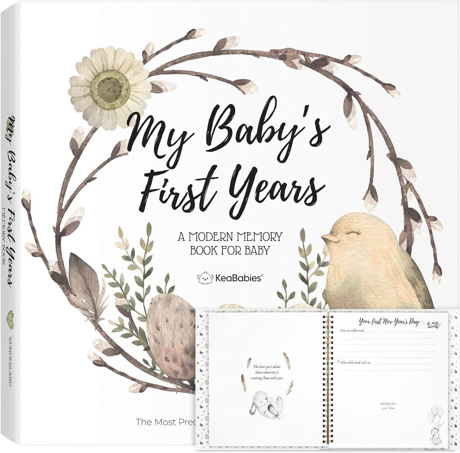 First 5 Years Baby Memory Book Girl, Boy - 90 Pages Hardcover First Year Milestone Keepsake Book, Newborn Scrapbook for New Parents, Minimalist Photo Album Journal, Gift for Baby Shower (Wonderland)