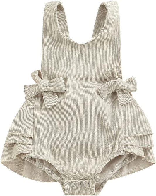 Newborn Baby Girl Corduroy Romper Summer Ruffle Sleeveless Backless Jumpsuit Bodysuit One Piece Outfit (Corduroy Romper Beige, 0-3 Months)