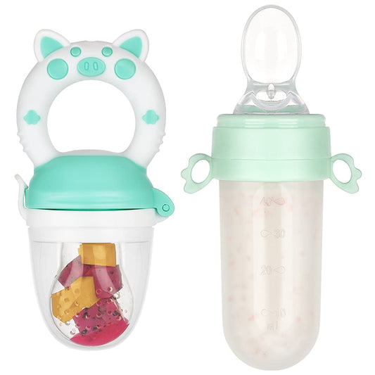 Eco Inspired Baby Feeder & Spoon Feeder Set - Fresh Food Feeder Infant Teething Toys, Silicone Bottle Squeeze Baby Spoon Feeder, Fruit Pacifier for 3 Months+
