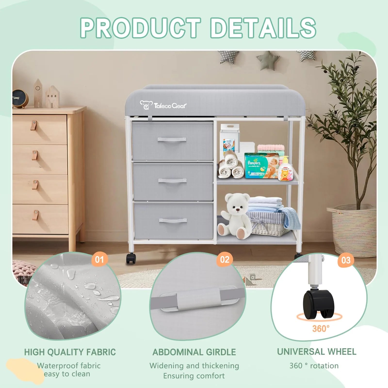 Baby Changing Table, Portable Diaper Changing Station with Wheels, Nursery Organizer for Newborn and Infant, Light Gray