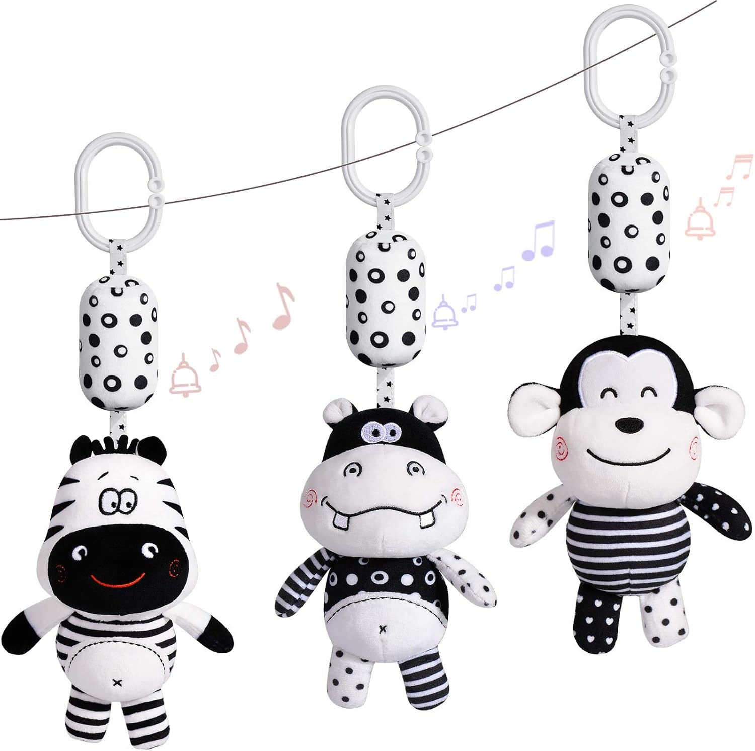 Baby Toy Cartoon Animal Stuffed Hanging Rattle Toys, Baby Bed Crib Car Seat Travel Stroller Soft Plush Toys with Wind Chimes, Best Birthday Gift for Newborn 0-18 Month (Monkey, Zebra & Hippo)