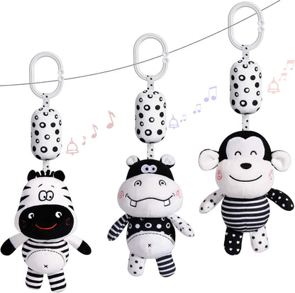 Baby Toy Cartoon Animal Stuffed Hanging Rattle Toys, Baby Bed Crib Car Seat Travel Stroller Soft Plush Toys with Wind Chimes, Best Birthday Gift for Newborn 0-18 Month (Monkey, Zebra & Hippo)