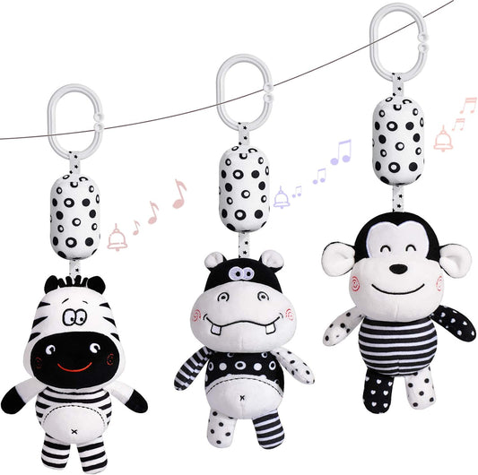 Baby Toy Cartoon Animal Stuffed Hanging Rattle Toys, Baby Bed Crib Car Seat Travel Stroller Soft Plush Toys with Wind Chimes, Best Birthday Gift for Newborn 0-18 Month (Monkey, Zebra & Hippo)