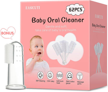 62PCS Baby Tongue Cleaner, Baby Oral Cleaner Newborn Baby Toothbrush,Disposable Infant Toothbrush Clean Mouth,Gauze Gum Clean Stick Dental Care for 0-36 Month +1 Finger Toothbrush with Case
