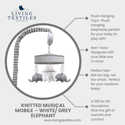 Baby Musical Mobile - Grey Elephants | Crib Toy, Knitted Hanging Toys, Nursery Decor, Calming Soother with 12 Lullabies | Baby Essential and Perfect Baby Toy for Boys and Girls