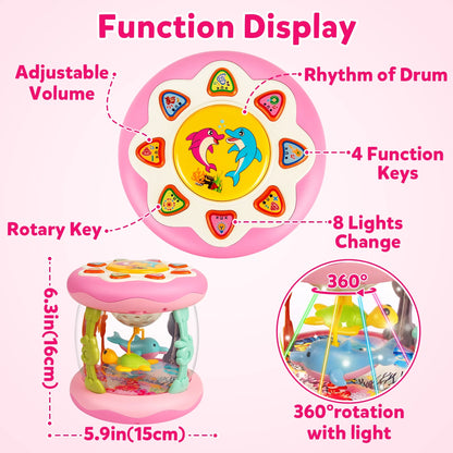 Baby Girl Toys 6-12 Months- Pink Musical Light up Ocean Rotating Tummy Time Infant Learning Crawling Pink Toys Babies Boys 1 2 3 Year Old for Birthday Baby Gifts