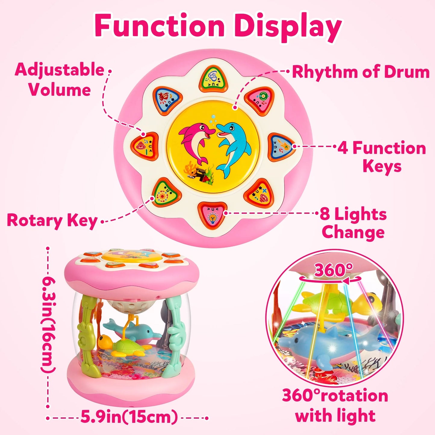 Baby Girl Toys 6-12 Months- Pink Musical Light up Ocean Rotating Tummy Time Infant Learning Crawling Pink Toys Babies Boys 1 2 3 Year Old for Birthday Baby Gifts