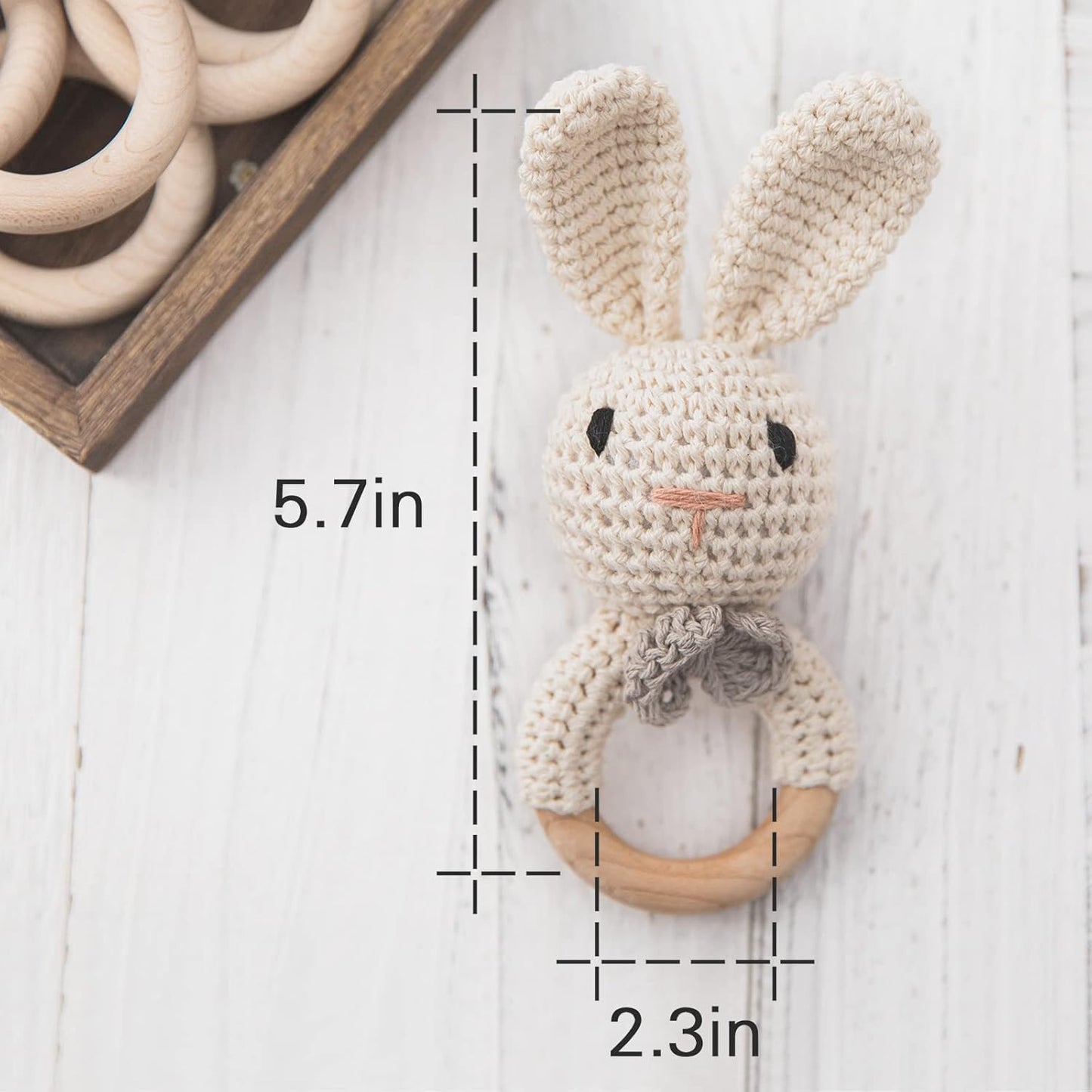 Wooden Baby Rattle Toys, Easter Bunny Rattle for Baby Crochet Bunny Rattle Toy Natural Wood, Shaker Rattle for Hand Grips, Boy Girl First Rattle Gift, Newborn Gifts (Bunny)