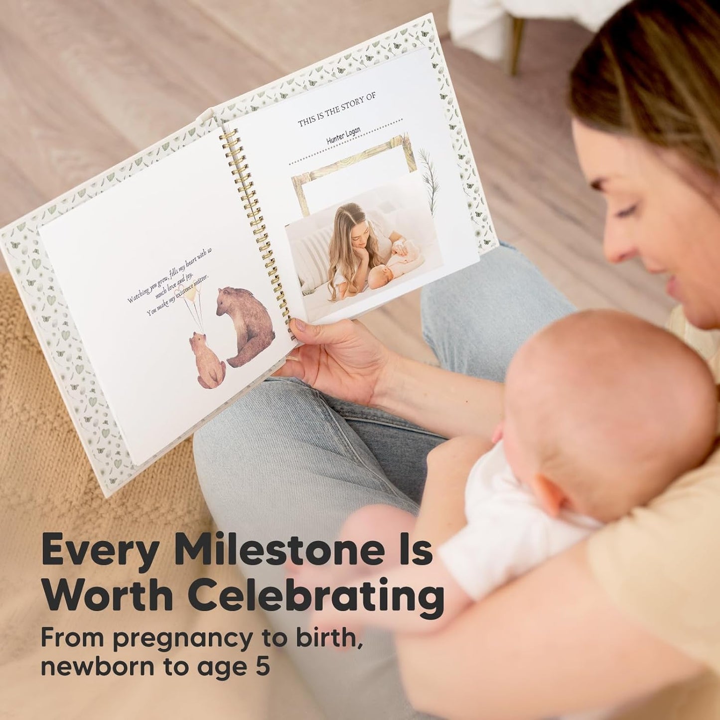 First 5 Years Baby Memory Book Girl, Boy - 90 Pages Hardcover First Year Milestone Keepsake Book, Newborn Scrapbook for New Parents, Minimalist Photo Album Journal, Gift for Baby Shower (Wonderland)