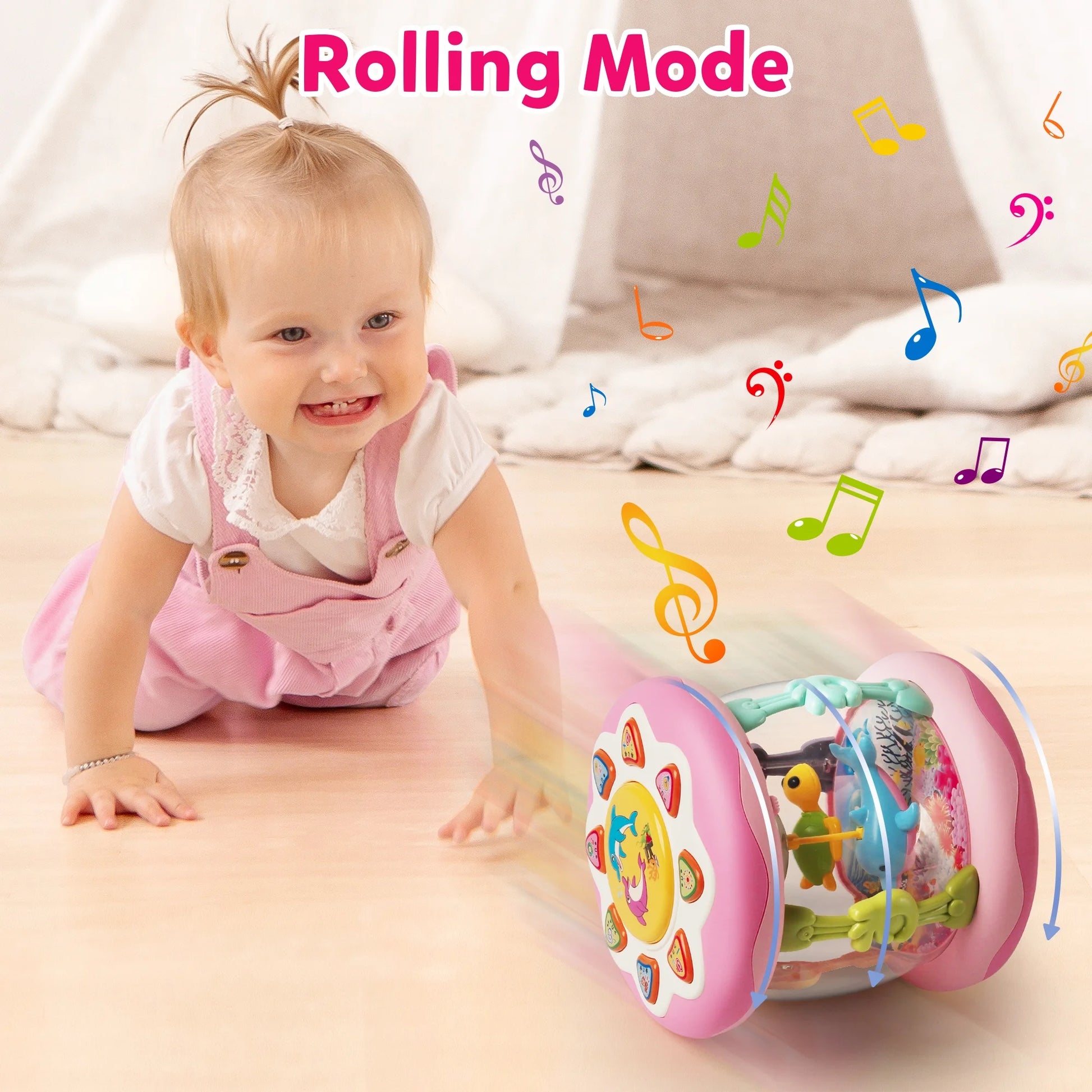 Baby Girl Toys 6-12 Months- Pink Musical Light up Ocean Rotating Tummy Time Infant Learning Crawling Pink Toys Babies Boys 1 2 3 Year Old for Birthday Baby Gifts