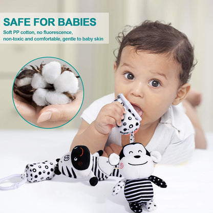 Baby Toy Cartoon Animal Stuffed Hanging Rattle Toys, Baby Bed Crib Car Seat Travel Stroller Soft Plush Toys with Wind Chimes, Best Birthday Gift for Newborn 0-18 Month (Monkey, Zebra & Hippo)